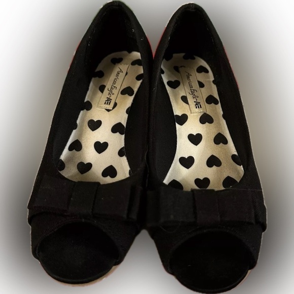 American Eagle Kendall III Girls Black Canvas Peep Toe Wedge Shoes Bow Size 3 - Picture 1 of 12